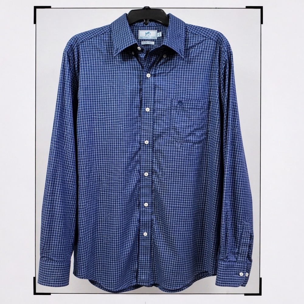 Southern Tide Shirt Intercoastal Stretch Blue Yellow Grid Large Performance L